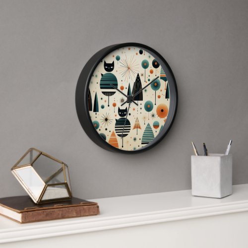 Retro Vintage Abstract Cats Trees Flowers  Clock