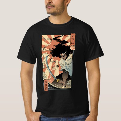 Retro Vintage Afro UkiyoE Afro Anime Samurai Japan T_Shirt