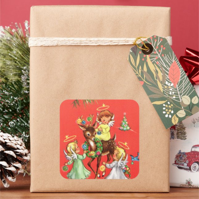 Retro vintage Angels and reindeer Square Sticker (Holiday)