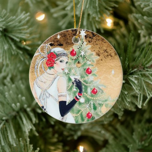 retro vintage art deco Christmas add Ceramic Ornament