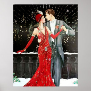 Retro vintage art deco Christmas couple Poster