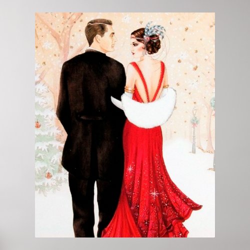 Retro vintage art deco Christmas couple Poster