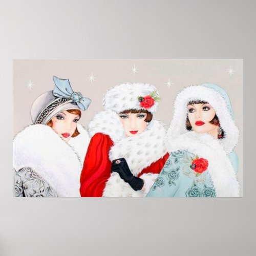 Retro vintage art deco Christmas ladies poster