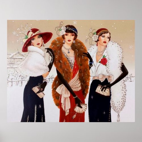 Retro vintage art deco Christmas ladies poster