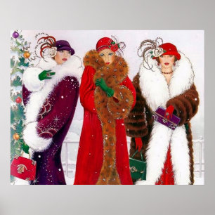 Retro vintage art deco Christmas ladies poster