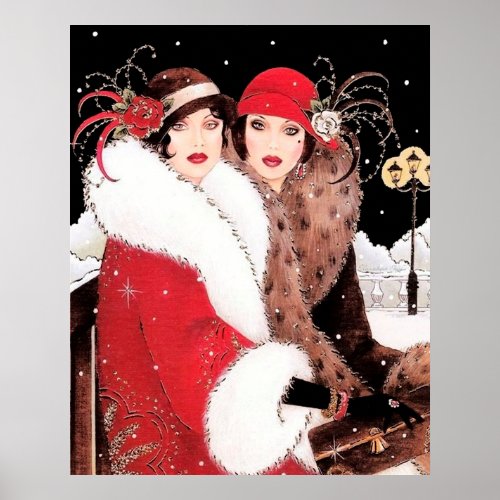 Retro vintage art deco Christmas ladies poster