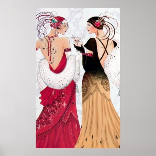 Retro vintage art deco Christmas ladies poster