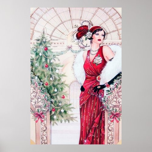 Retro vintage art deco Christmas lady poster