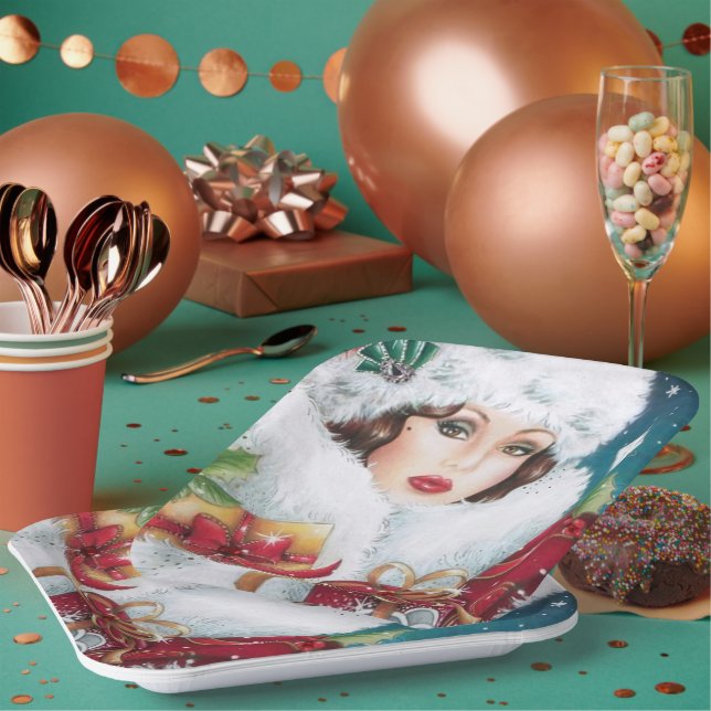 Retro vintage Art Deco Holiday lady Paper Plates (Multi)