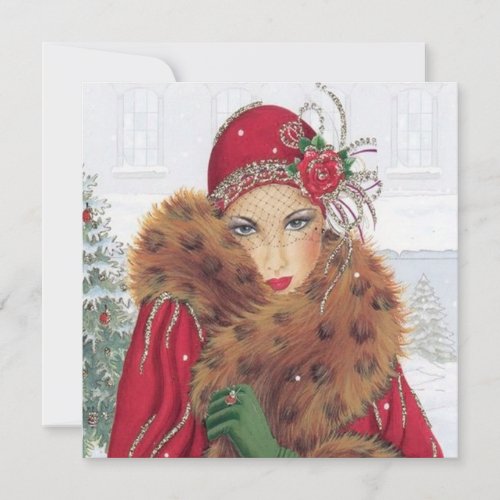 retro vintage art deco lady add text Christmas Holiday Card