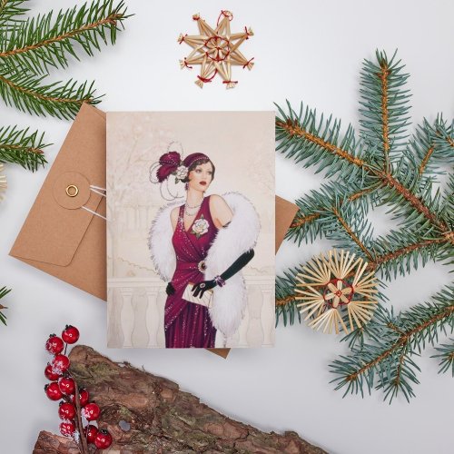 Retro vintage art deco lady Christmas Holiday card