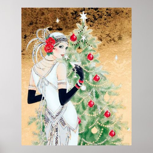 Retro vintage art deco lady Christmas Holiday Poster