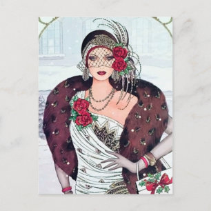 retro vintage art deco lady Holiday Postcard