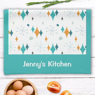 Retro Vintage Atomic Starburst Pattern Custom Name Kitchen Towel