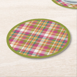 Retro Vintage Autumn Plaid Tartan Squares Pattern Round Paper Coaster