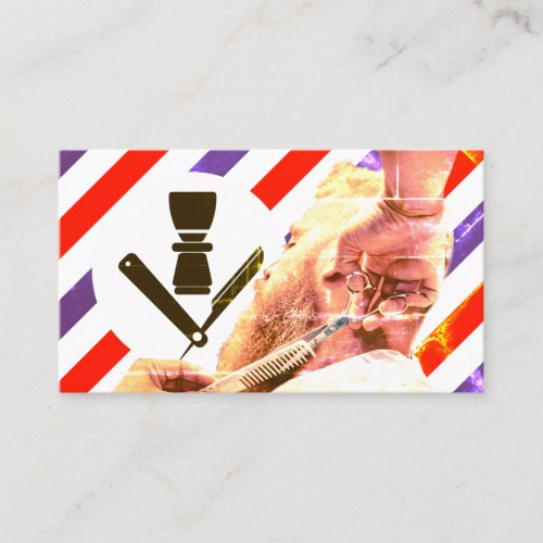 Retro vintage barber stripes red and blue business card