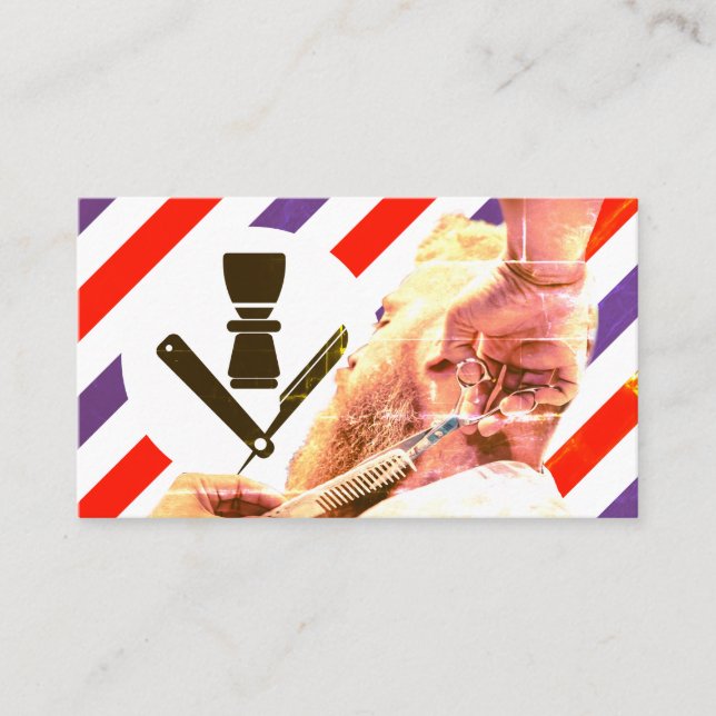 Retro vintage barber stripes red and blue business card (Front)