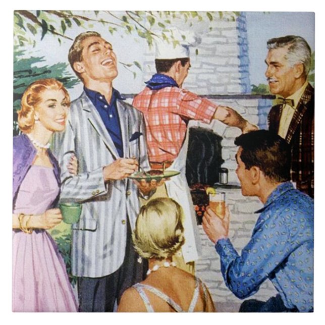 retro vintage bbq party everyday ceramic tile (Front)