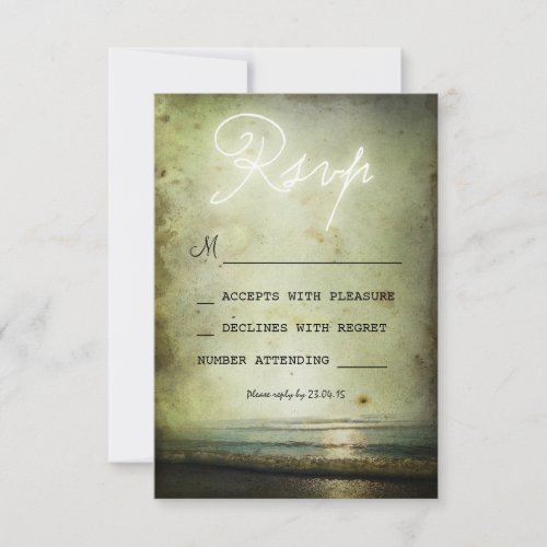 retro vintage BEACH WEDDING RSVP CARDS - Unique grungy beach wedding RSVP cards with beautiful typography and old stained landscape of the sunset in the sea.