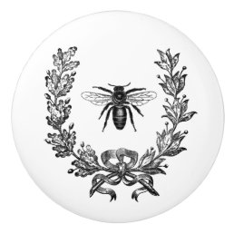 Retro Vintage Bee Floral Wreath Bow Black White Ceramic Knob