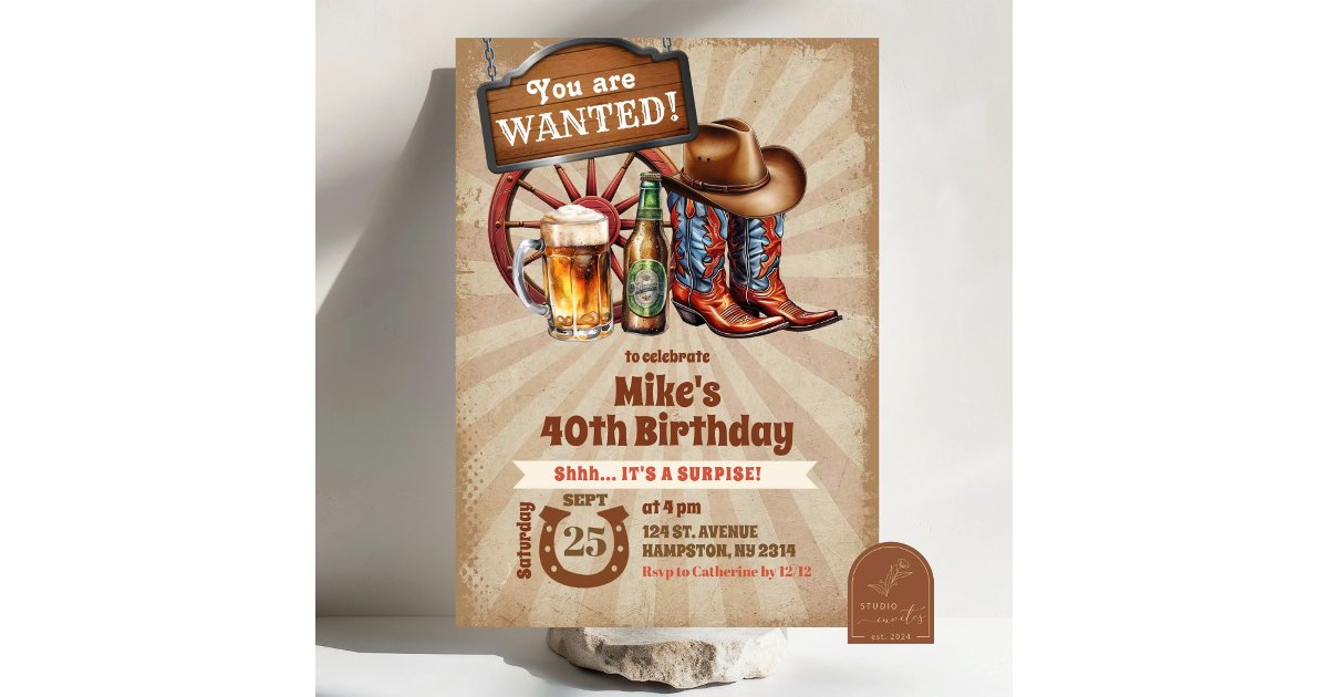 Retro Vintage Beers Boots Cowboy Adult Birthday Invitation | Zazzle
