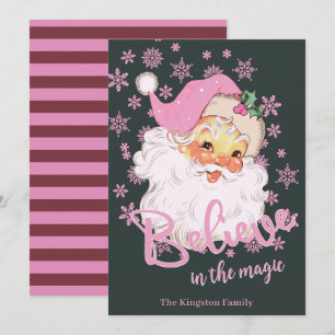 Retro Vintage Belive in the Magic Pink Santa  Holiday Card