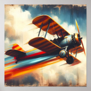 Retro Vintage Biplane Oil Painting Poster