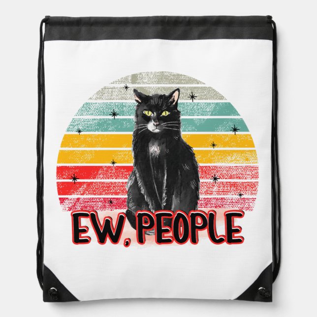 Retro Vintage Black Cat Ew People Drawstring Bag (Front)