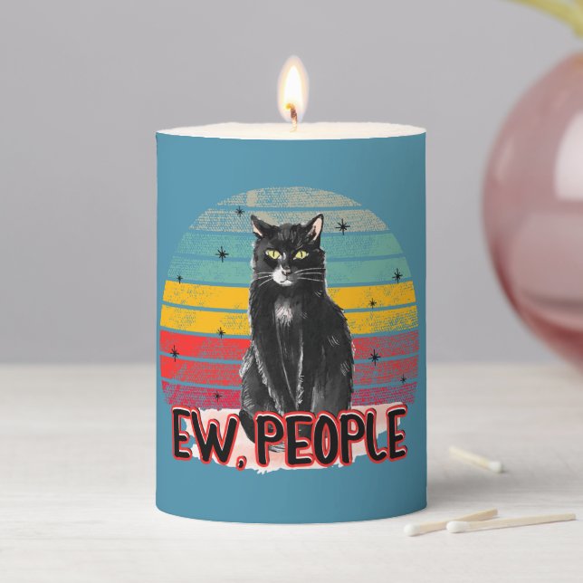 Retro Vintage Black Cat Ew People Pillar Candle (In Situ)