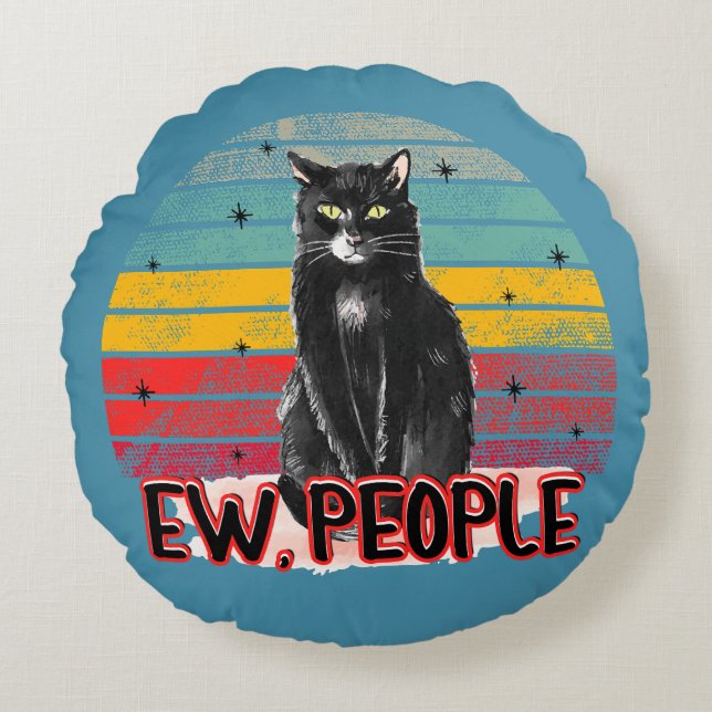 Retro Vintage Black Cat Ew People Round Pillow (Front)