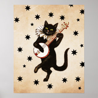 Retro Vintage Black Cat Playing Banjo | Cat Gift Poster