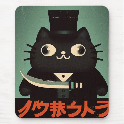 Retro Vintage Black Cat with Suit and Knife Japan Mouse Pad