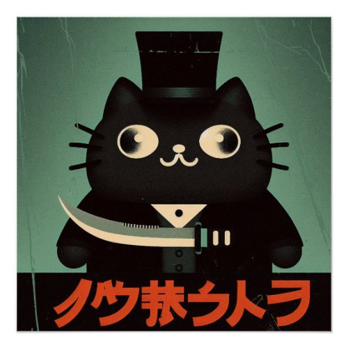Retro Vintage Black Cat with Suit and Knife Japan Poster
