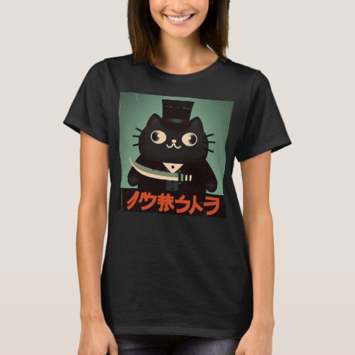 Retro Vintage Black Cat with Suit and Knife Japan T_Shirt