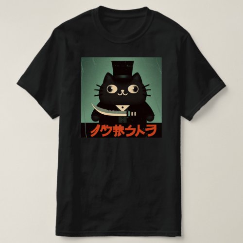 Retro Vintage Black Cat with Suit and Knife Japan T_Shirt