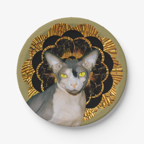Retro Vintage Black Gold Beige Sphynx Cat Party Paper Plates