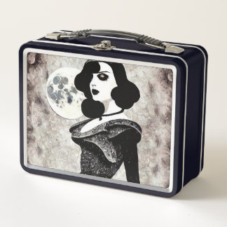 Retro Vintage Black Hair Lady & Moon Metal Lunch Box