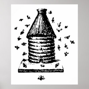 Retro Vintage Black & White Bee Hive & Bees Poster