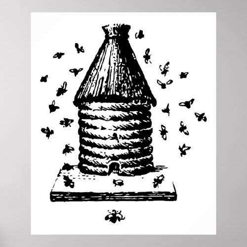 Retro Vintage Black  White Bee Hive  Bees Poster
