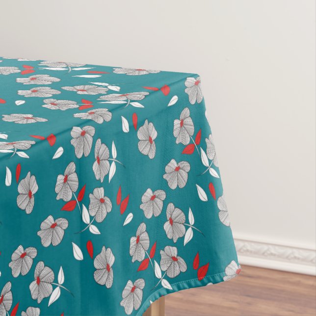 Retro Vintage Black, White, & Red Flowers Pattern Tablecloth (In Situ)