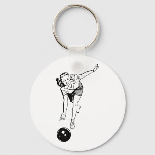 Retro Vintage Black & White Ten Pin Bowling Woman Keychain