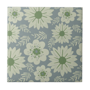 Retro Vintage Blue Green Floral Ceramic Tile