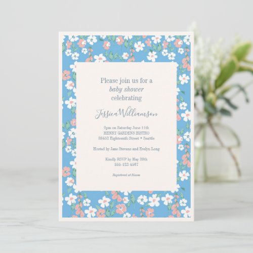 Retro Vintage Boho Blue Ditsy Flowers Baby Shower Invitation