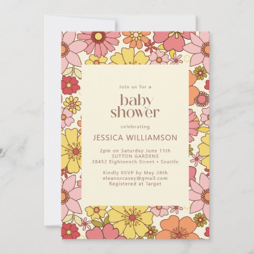 Retro Vintage Boho Pink Yellow Floral Baby Shower Invitation