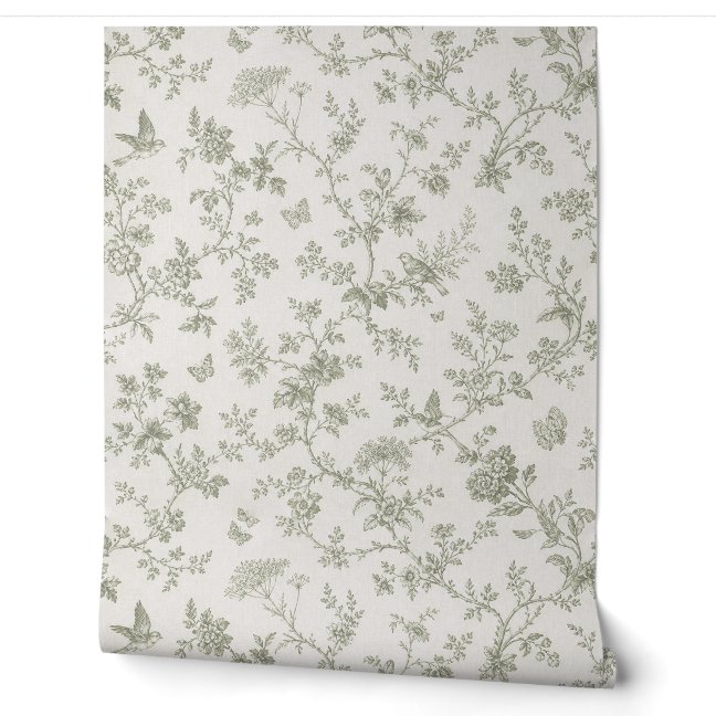 Retro Vintage Botanical Pattern with Songbirds Wallpaper