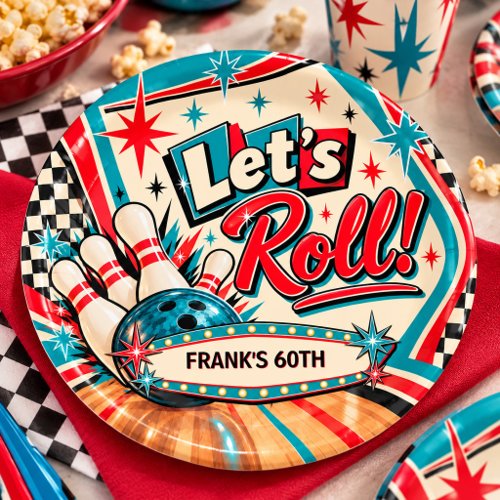 Retro Vintage Bowling Let's Roll 60th Birthday Paper Plates