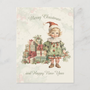 Retro Vintage Boy Christmas Gifts Holly Postcard