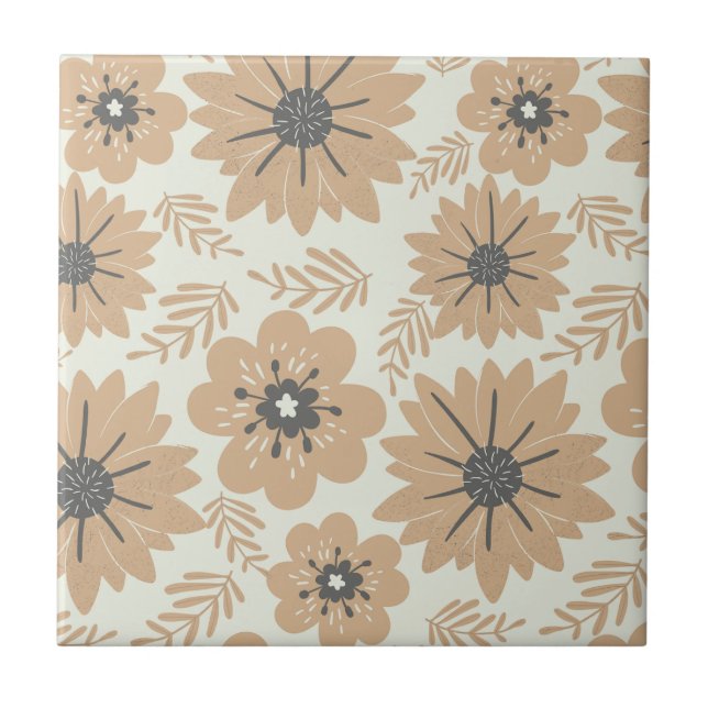 Retro Vintage Brown Floral  Ceramic Tile (Front)
