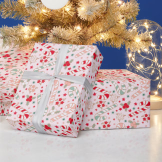 Retro Vintage Candy Cane Floral Pink Christmas Wrapping Paper