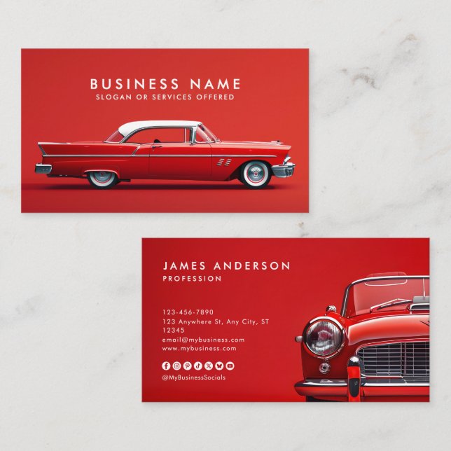 Retro Vintage Car/Auto QR Code Social Media Icons Business Card (Front/Back)
